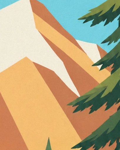 Les pans ocre et crème des montagnes encadrés de branches de pins vert sombre