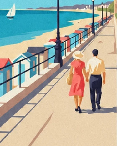 A couple strolling along the beach at Cabourg, with a red dress and pale hat