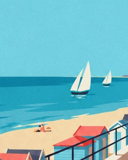 The 2 boats with white sails on the turquoise sea above the colourful beach huts