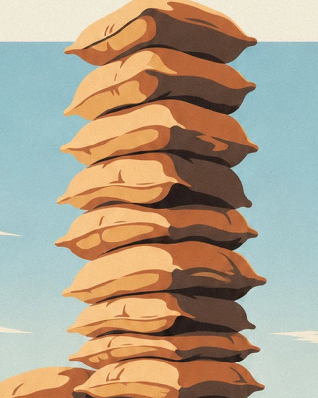 A tall pile of ochre hessian sacks with brown folds against a light blue background