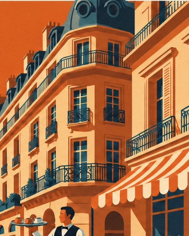 L'immeuble parisien à balcons en fer forgé et son toit d'ardoise bleu, le serveur au pied de la façade