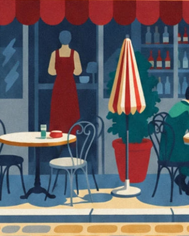 La serveuse en robe rouge derrière la terrasse, son parasol rayé et sa table ronde