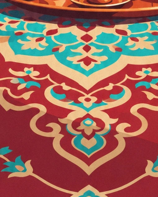 Turquoise and cream arabesques on the red rug beneath the edge of the copper tray
