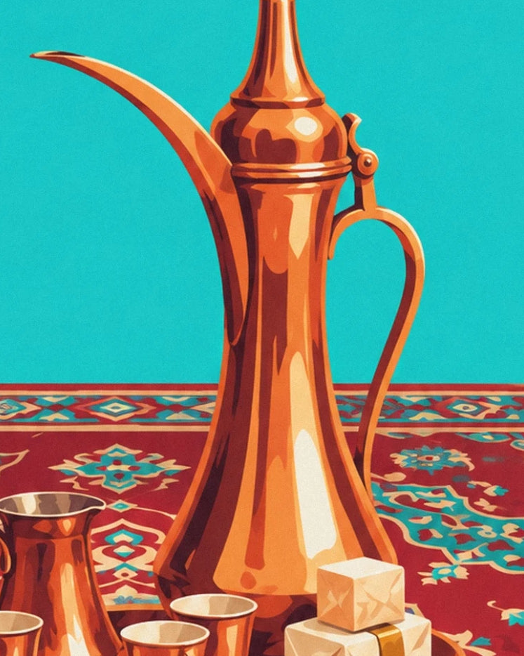 The copper coffee pot with a long handle, surrounded by cups and Turkish delight