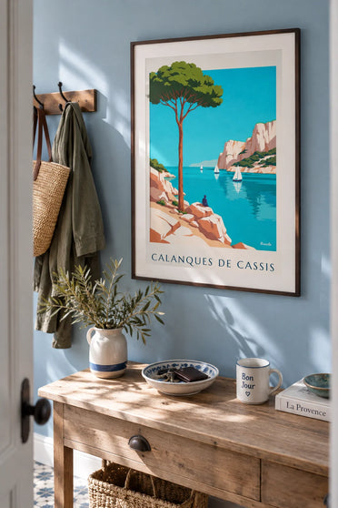 Poster Calanques von Cassis und türkisfarbenes Wasser: gerahmt an der Wand