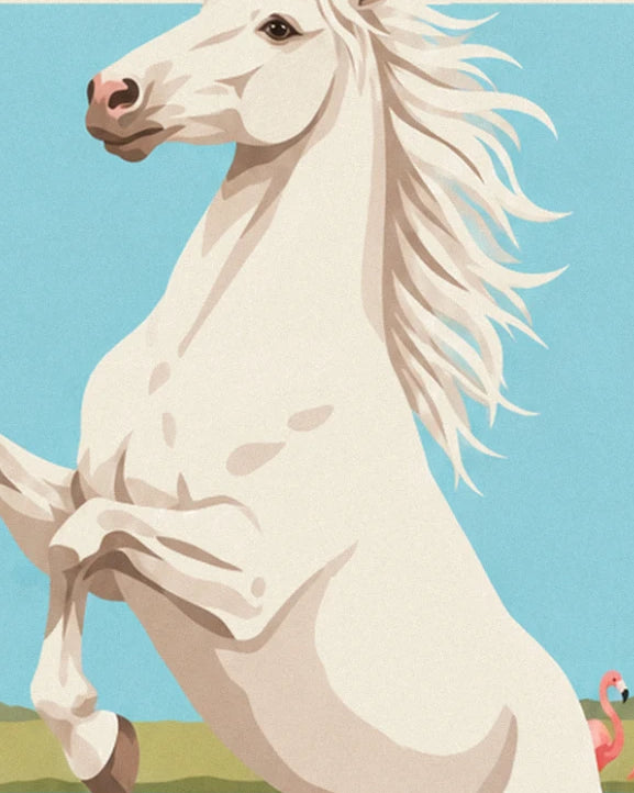 The rearing white horse with its mane blowing in the wind against a light blue sky