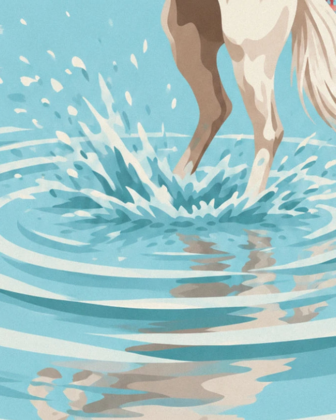 The splashes beneath the hooves of the horse galloping through the lagoon