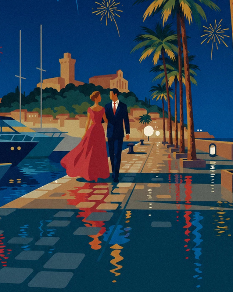 Poster Paar unter den Palmen von Cannes an einem Feuerwerksabend: Detail in Nahaufnahme