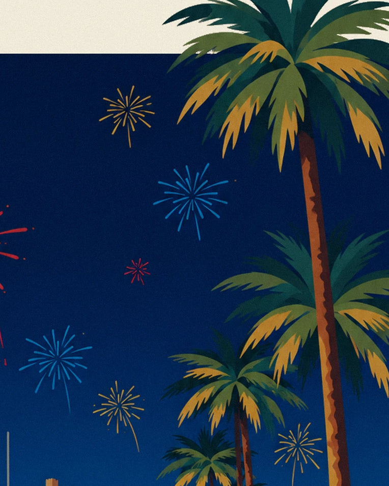 Poster Paar unter den Palmen von Cannes an einem Feuerwerksabend: Detail in Nahaufnahme