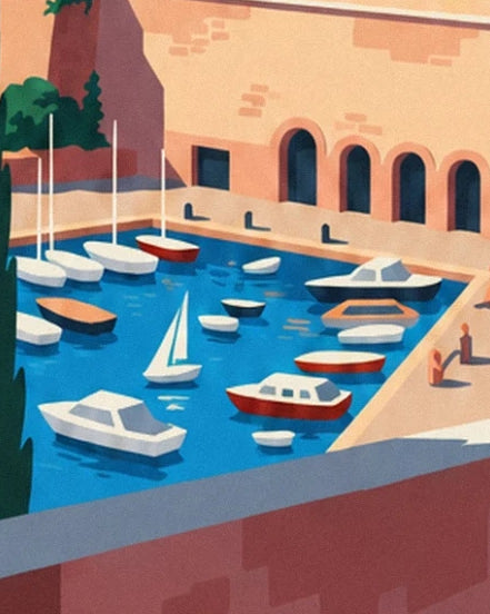 Sailing boats and small boats in the old harbour in front of ochre-walled arcades