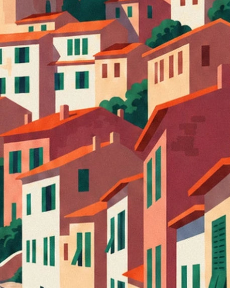 The closely packed houses of Suquet with pastel façades, green shutters and red roofs