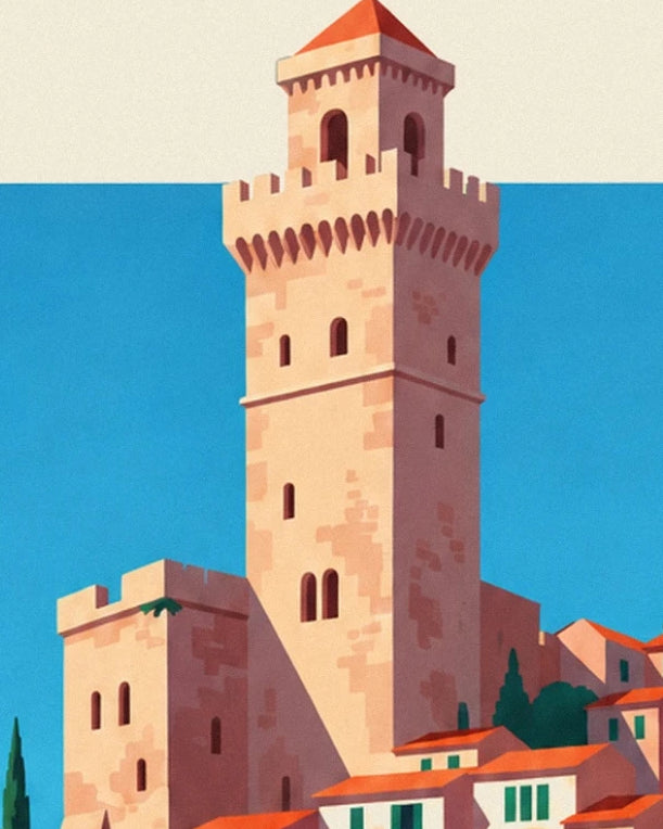 The battlemented tower of Suquet with pinkish stone and a red roof against a blue background