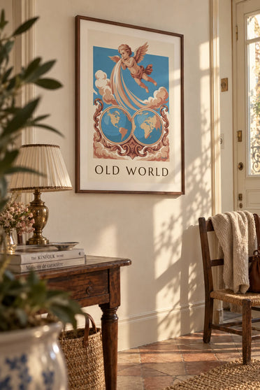 Poster of a two-hemisphere world map surrounded by cherubs: framed on the wall