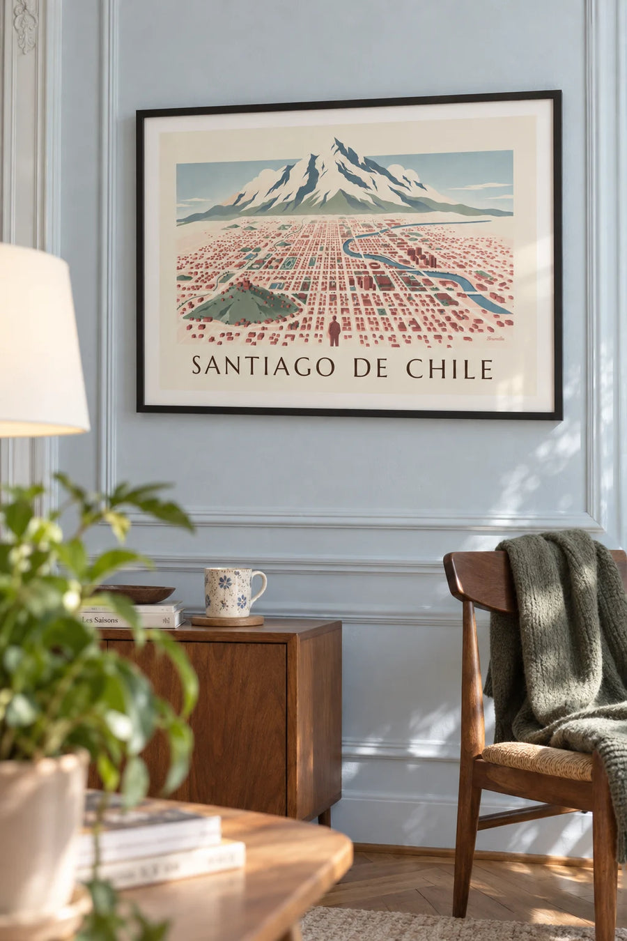 Affiche carte illustrée de Santiago du Chili et des Andes : encadrée au mur