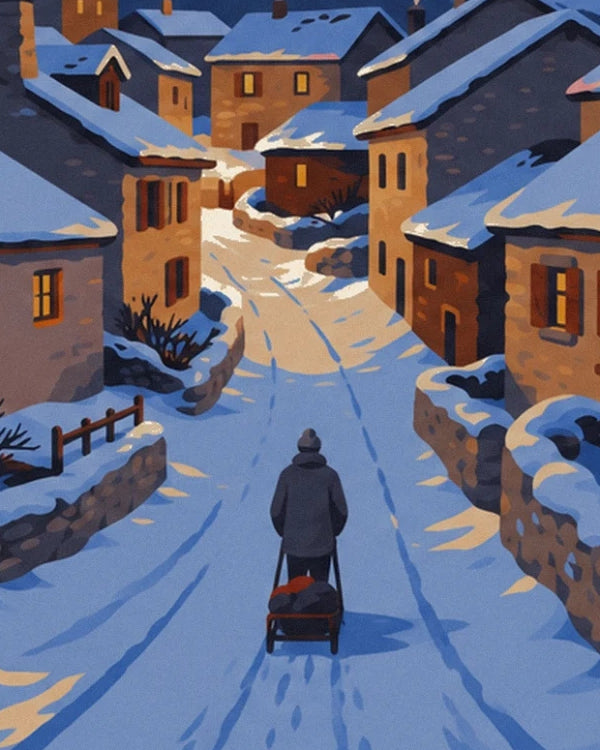 Le promeneur et sa luge chargée, seul dans la ruelle enneigée du village
