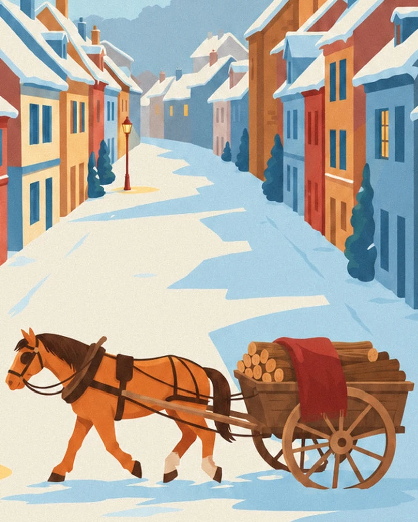 The horse and its cart loaded with logs in the snowy street lined with colourful houses