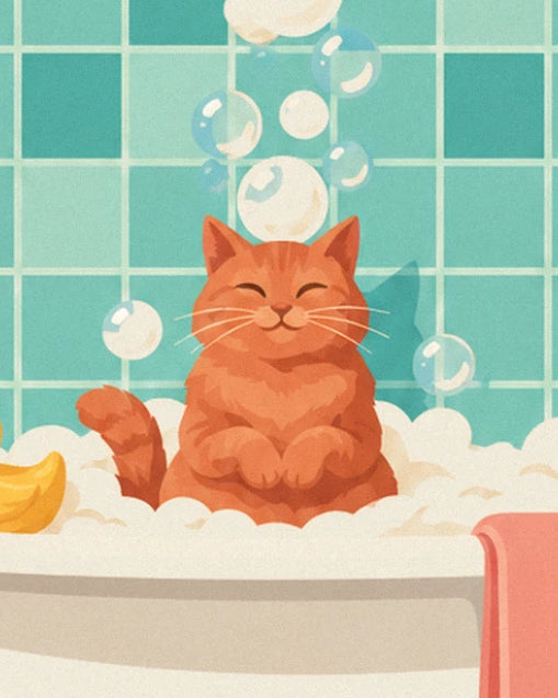 The ginger cat with closed eyes, all smiles among the foam and bubbles
