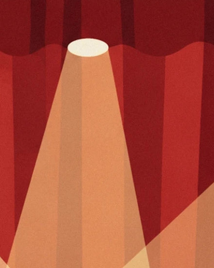 A central spotlight casting golden light on the folds of the red curtain