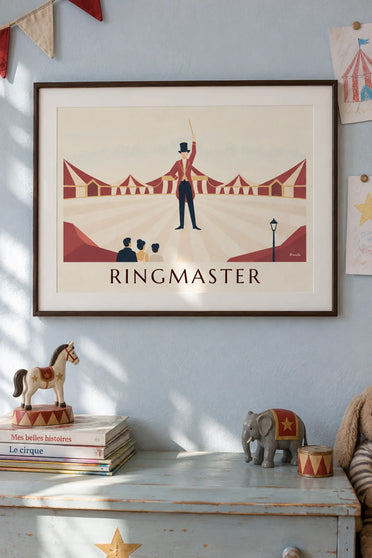 Poster Zirkusdirektor im roten Frack und Zylinder: gerahmt an der Wand