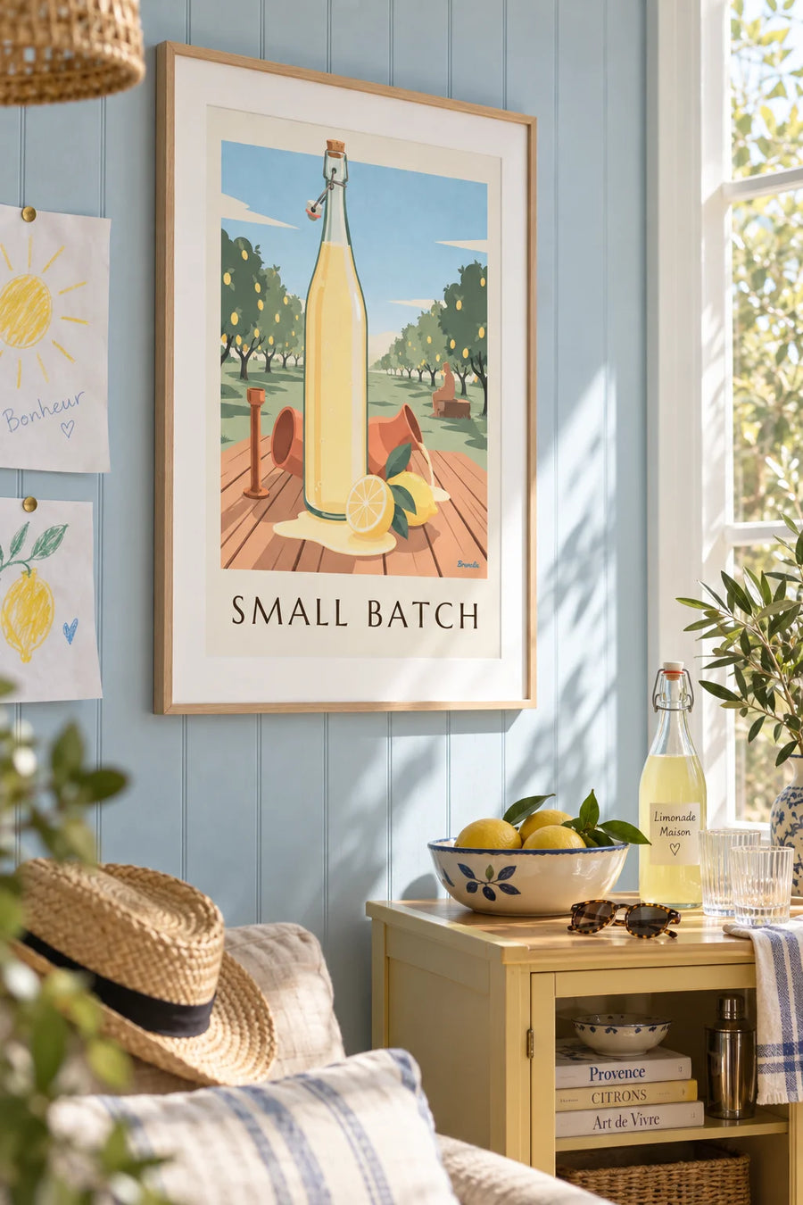 Bottle of homemade lemonade and lemons poster: framed on the wall