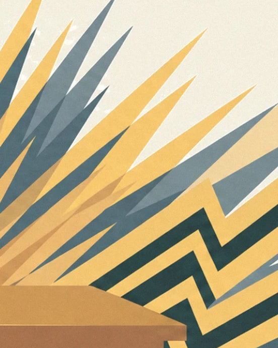 Des chevrons vert foncé et jaunes sous des motifs rayonnants, derrière une table ocre