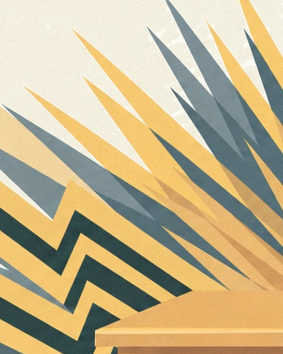 Des pointes jaunes et grises surmontant des chevrons sombres et un coin de table