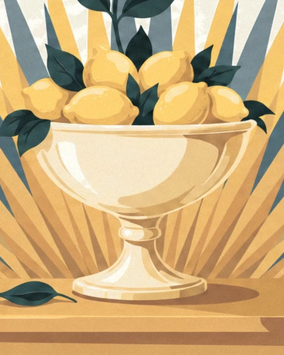 Une coupe dorée remplie de citrons jaunes et de feuilles vert foncé