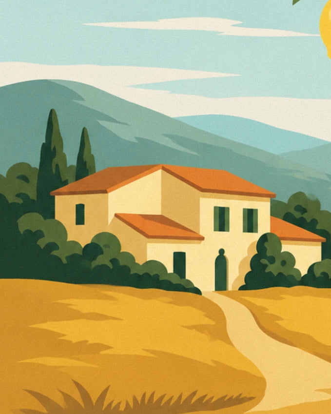 The ochre house with green shutters and an orange roof, its cypress trees and dirt track in the hills