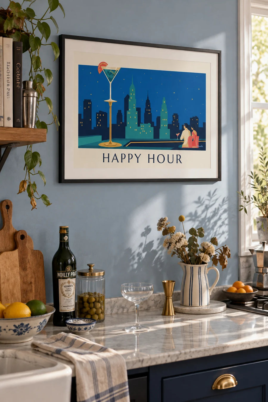 Poster of a cocktail glass on the bar of a starlit rooftop: framed on a wall