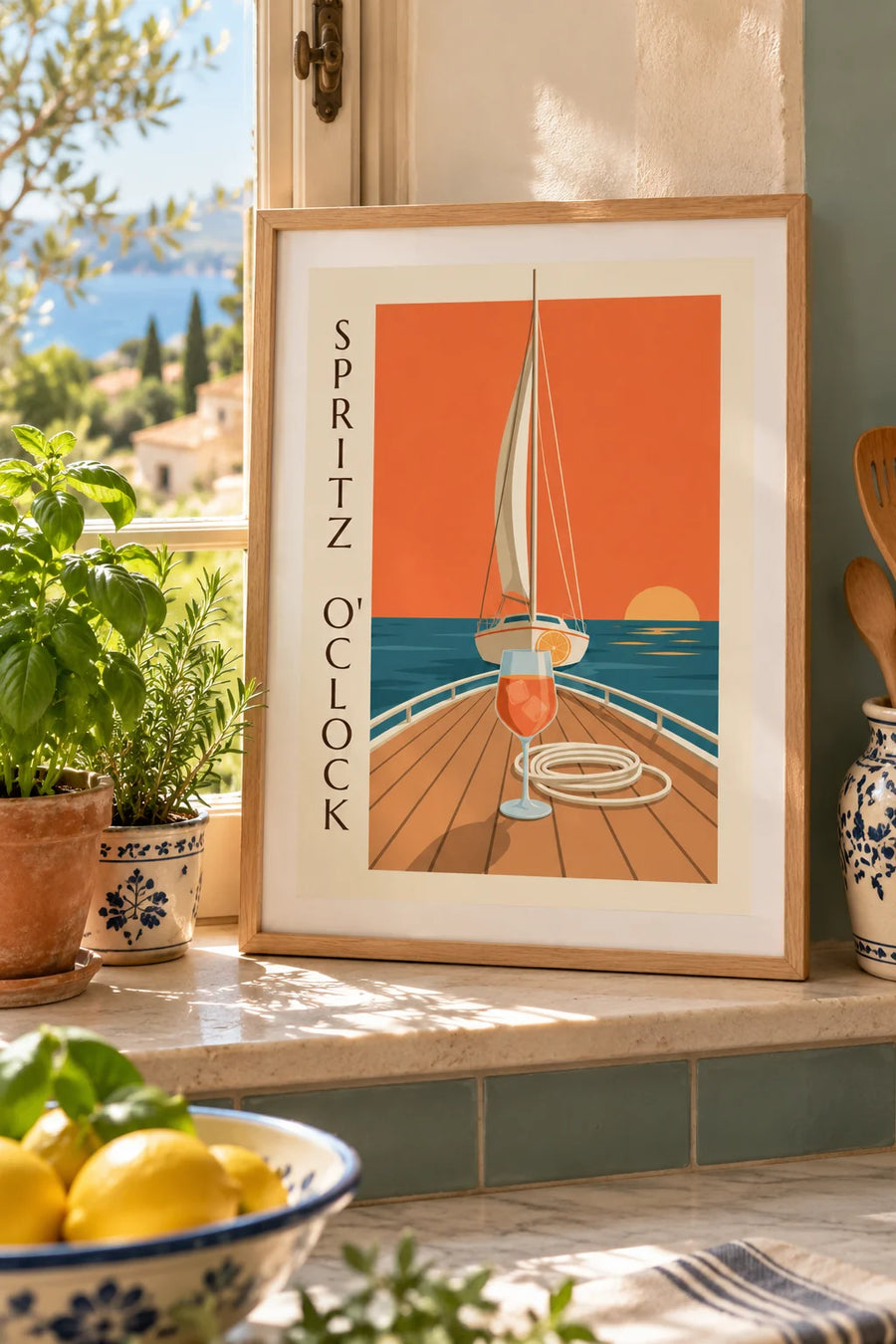 Poster Spritz auf dem Deck eines Segelboots bei Sonnenuntergang: kleines A4-Format im Rahmen