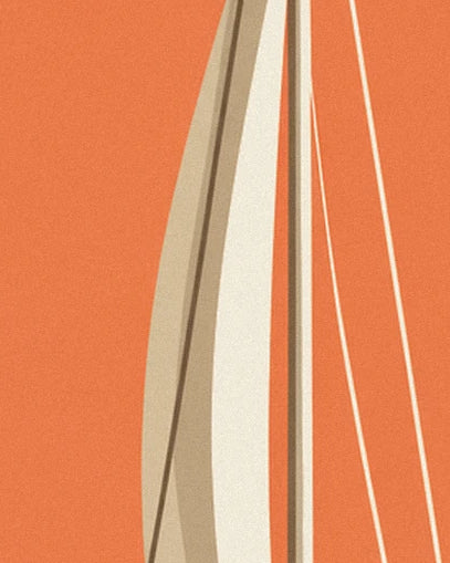 The sailing boat’s ecru sail and ropes against an orange sky