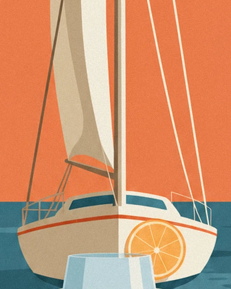 A sailing boat with a cream hull and orange trim, with its sails and rigging