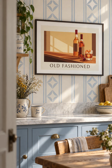 Poster Old-Fashioned-Cocktail im Kristallglas auf einer Holzbar: gerahmt an der Wand