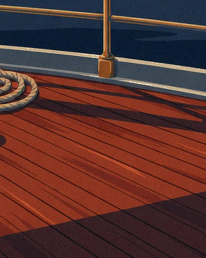 The shadows of the rail on the sailing boat's red wooden deck, beside the coiled rope