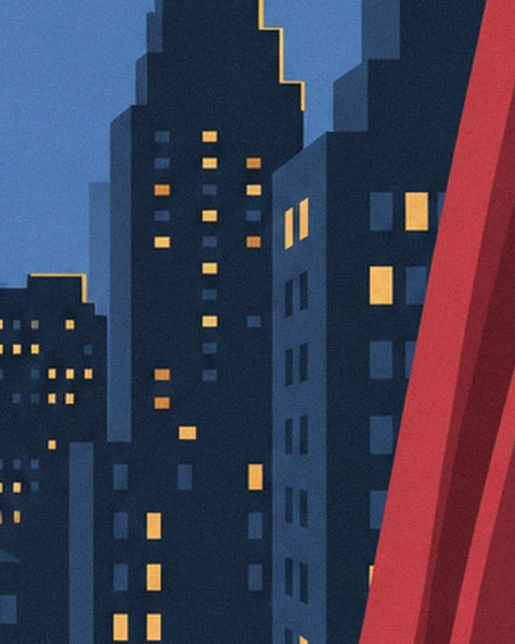 Midnight-blue skyscrapers with yellow-lit windows, framed by a large red curtain