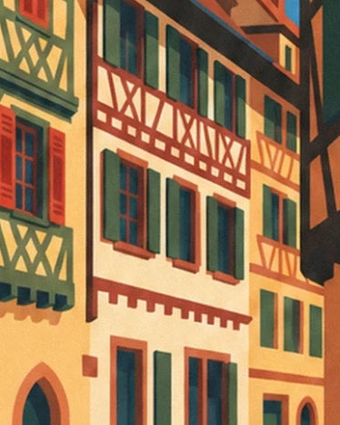 The façades with red and green timber framing and rows of windows with open shutters