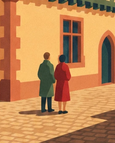 The two figures in green and red coats in front of the ochre façade in Colmar