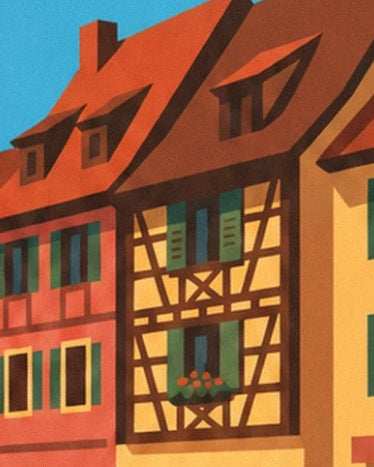 A yellow house with brown timber framing, green shutters and a flower-filled window box