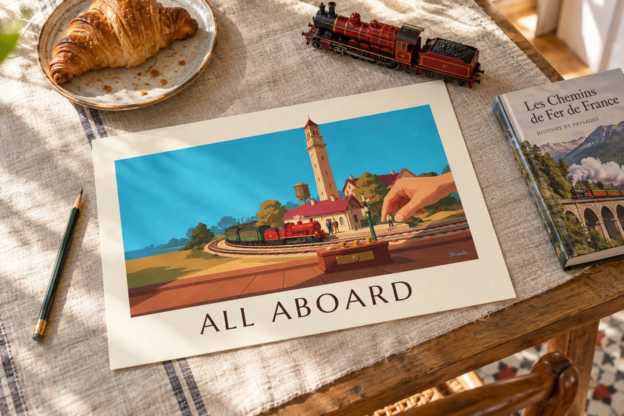 Poster Modelleisenbahn mit Bahnhof im Modellbau: auf einem Tisch abgestellt