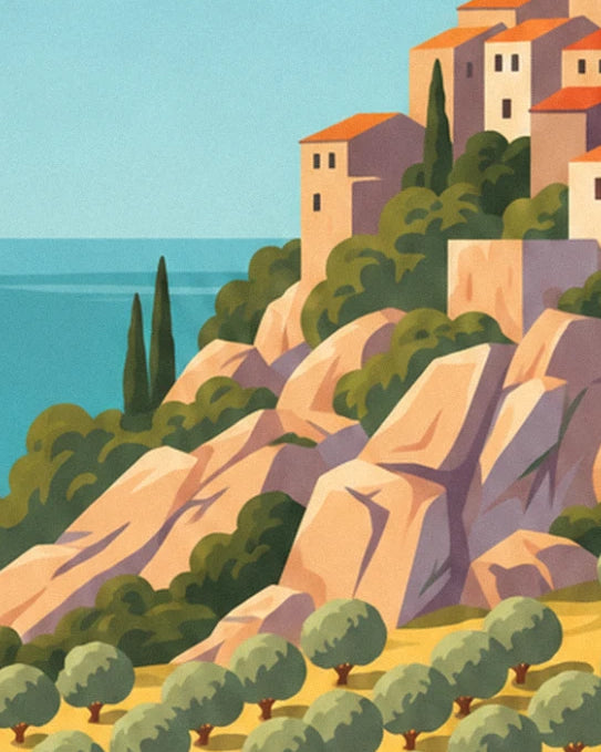 Les rochers roses sous le village, 2 cyprès et la mer bleue de Balagne