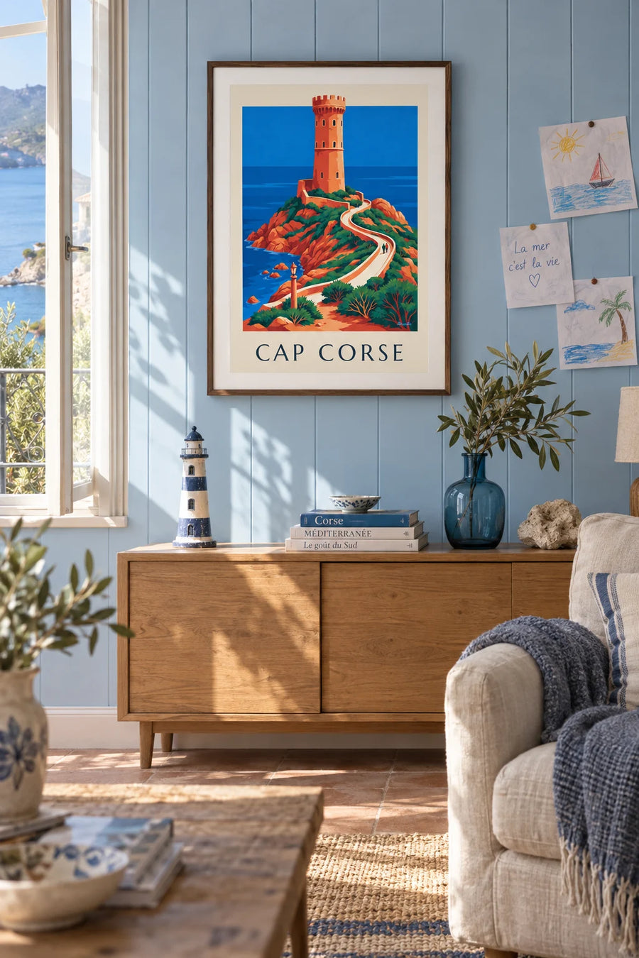Poster of a Genoese tower on the coast of Cap Corse: framed on the wall