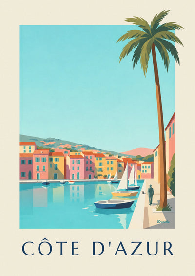 Poster kleiner Hafen an der Côte d'Azur mit Häusern und Segelbooten: das ganze Poster