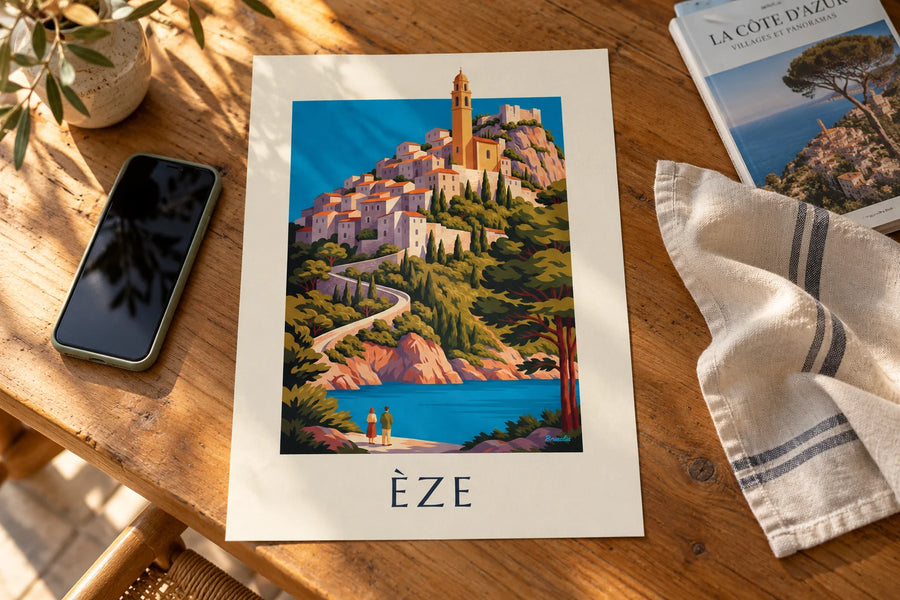Poster Bergdorf Èze hoch über dem Mittelmeer: auf einem Tisch