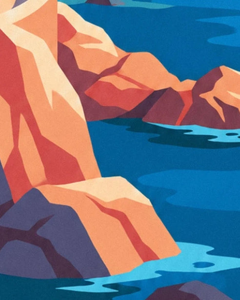 The orange and pink rocks plunging into the blue sea with turquoise reflections