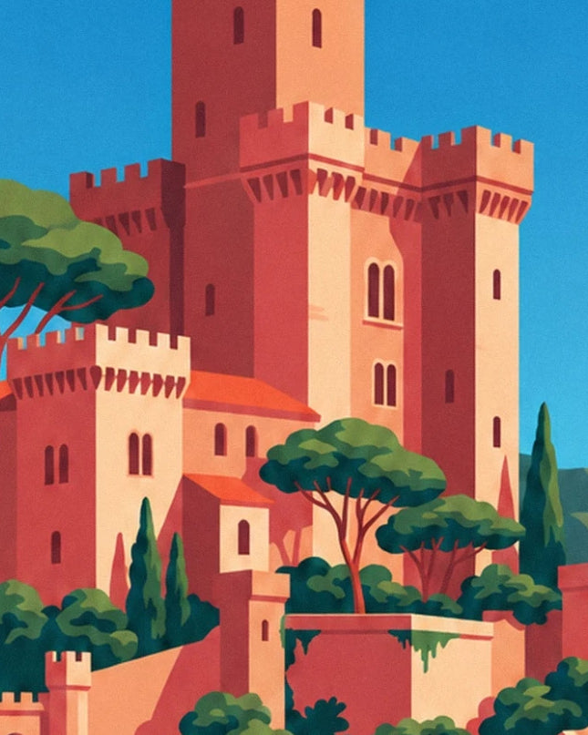 The crenellated towers of the château de la Napoule among pine and cypress trees