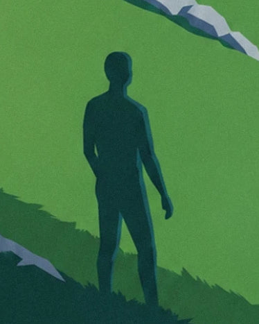 A dark human shadow cast on the green slope of the Alpine pass