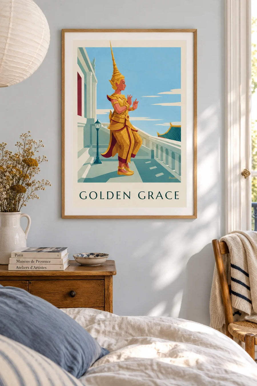 Affiche danseuse thaïlandaise en costume brodé d'or : encadrée au mur