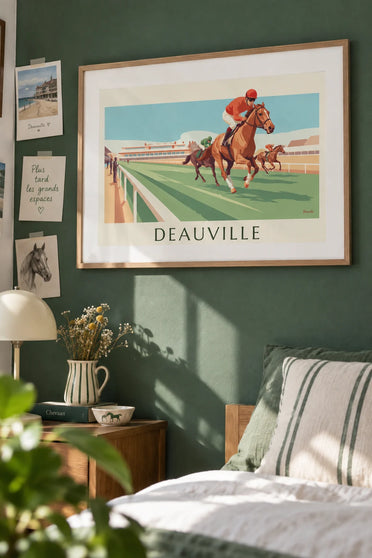 Poster Pferderennbahn von Deauville und galoppierende Pferde: gerahmt an der Wand