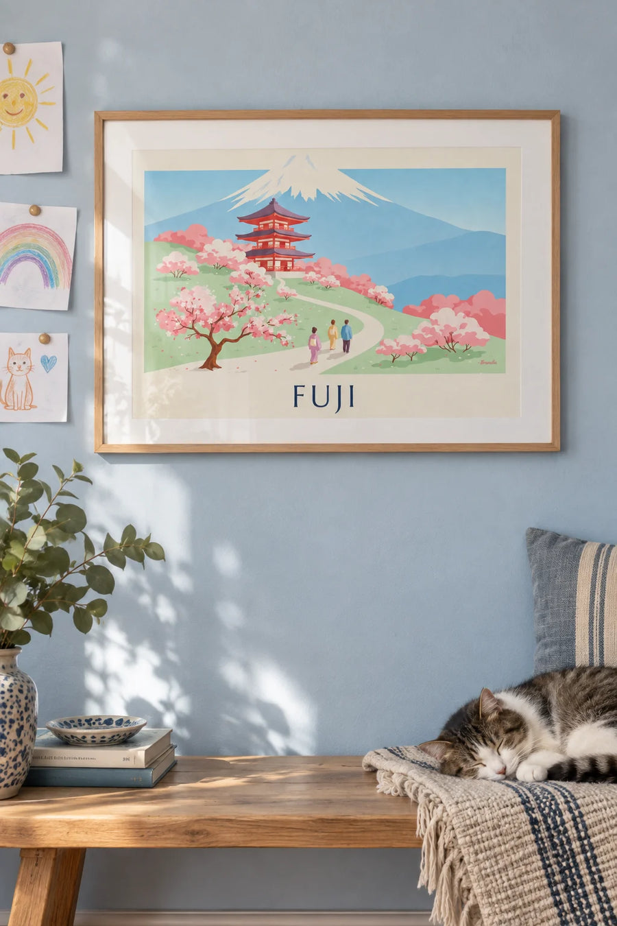 Poster of the Chureito Pagoda facing Mount Fuji and cherry trees: framed on the wall