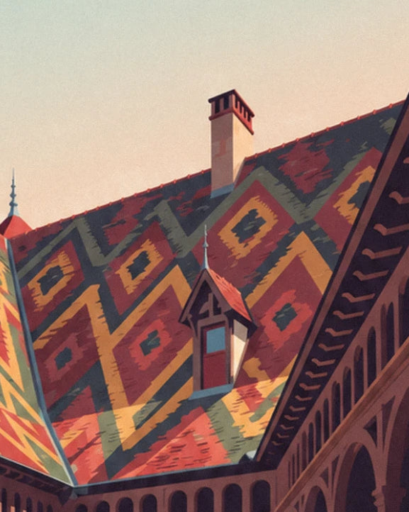 The chimney and dormer with a red window on the roof's green, red and yellow diamonds